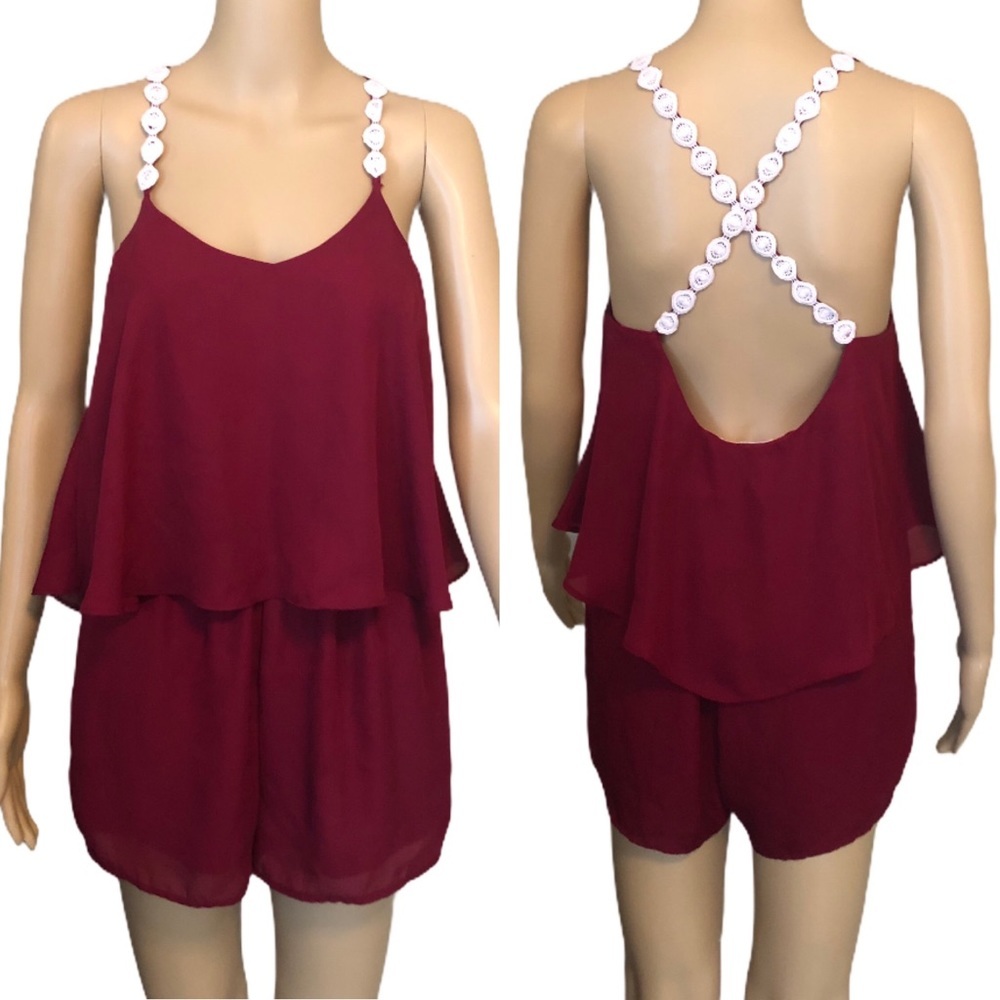 Newbury Kustom Layered Open Back Chiffon Shorts Romper Small